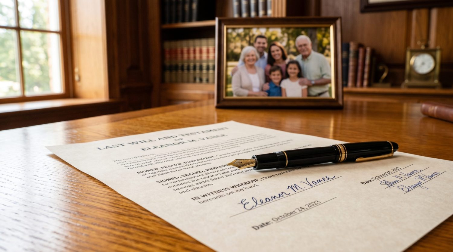 A signed last will and testament on a desk beside a framed family photograph